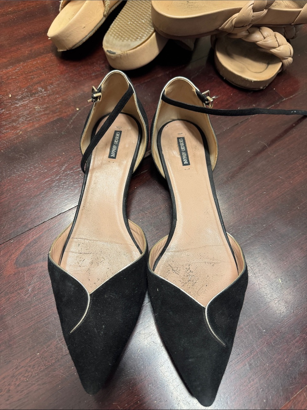 Giorgio Armani Black Pointed Suede Ankle-Strap Flats